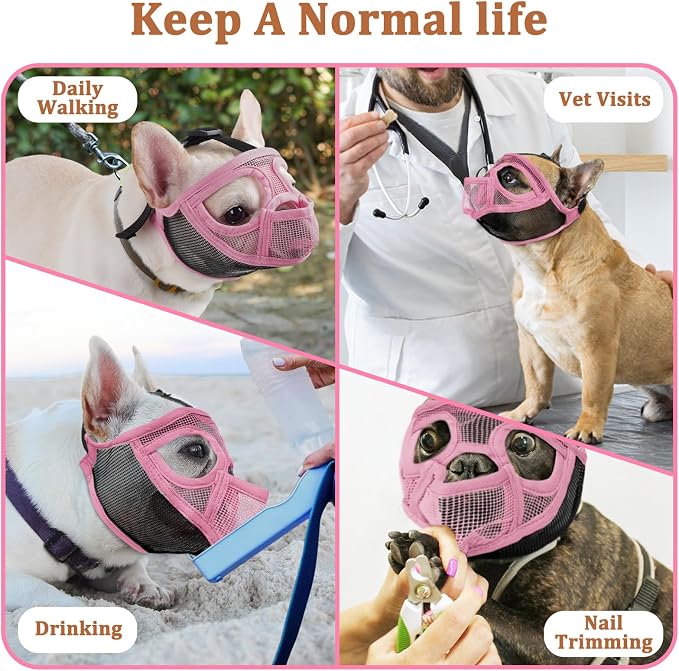 Mesh Short Snout Dog Muzzle with Anti-Eating Design for Frenchie | Fits French Bulldog Pug English Bulldog, Prevent Scavenging, Walking Grooming Use , Allows Full Panting Drinking | Pink, M