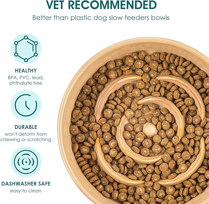 vancasso Slow Feeder Dog Bowl, 0.6 Cups Ceramic Dog Food Dish for Fast Eaters Small Breed, Puzzle Bowl for Small Dogs and Cats, Khaki