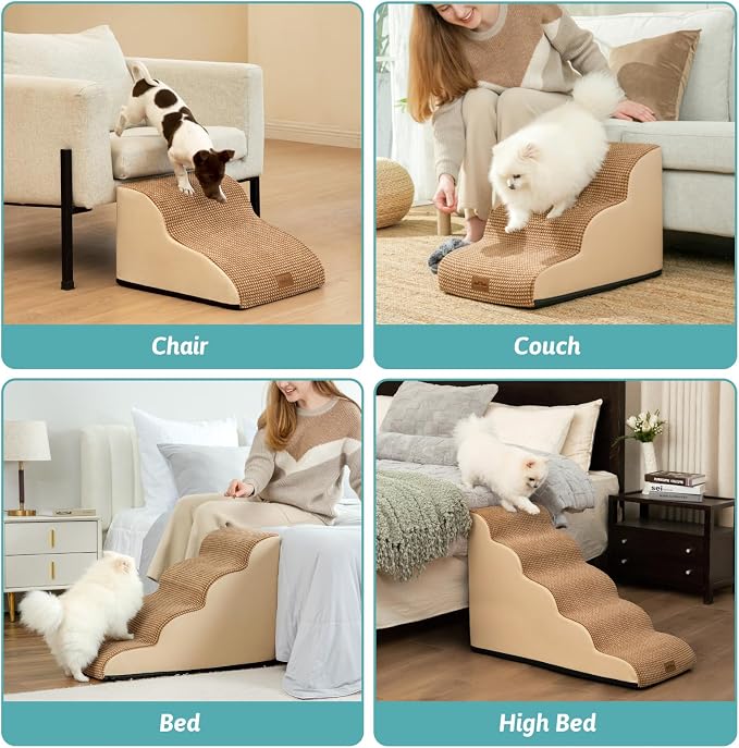 COZY KISS Dog Stairs for Small Dogs, Curved Dog Step for Puppy, Older or Cat, Medium Pet Ramp for Sofa, Couch or Bed, Ladder with High Density Foam, 15.7x28.3x19.7 inch, 4 Step, Light Brown