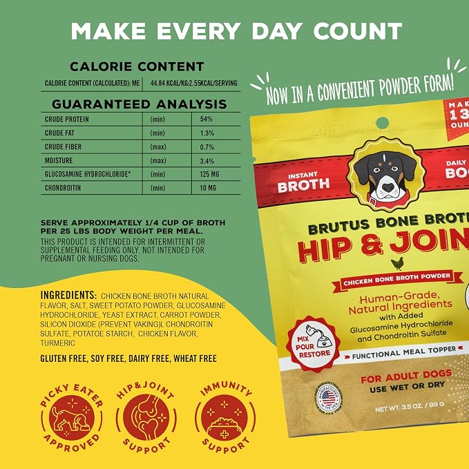 Brutus Broth Dog Food Topper - Instant Bone Broth Powder for Dogs - Supports Hip and Joint Function - Human-Grade Quality, Serve Dry or Wet - Chicken Flavor, 3.5 oz (Pack of 1)