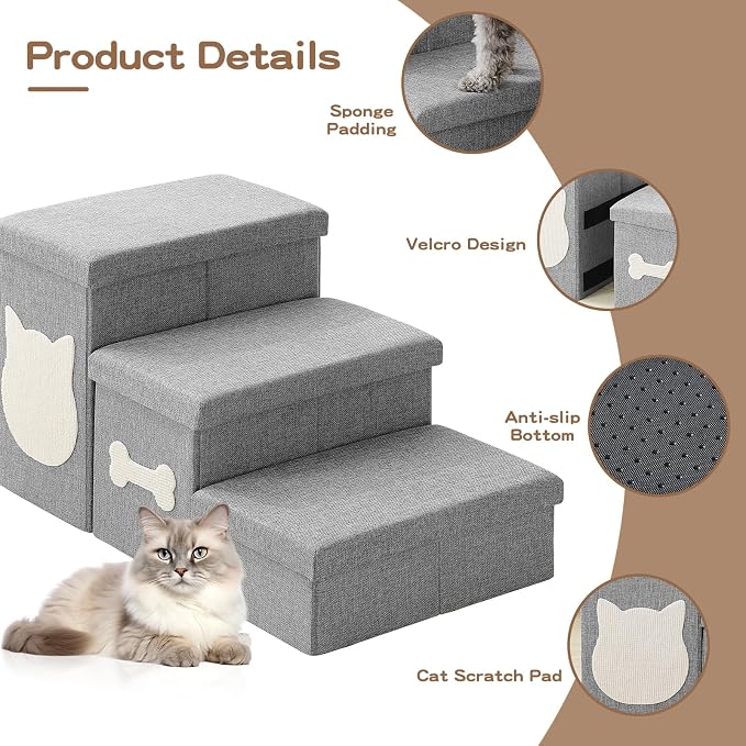 3-Step Wider Dog Steps for Bed 17" H, Foldable Dog Stairs with Storage, Non-Slip Pet Steps for Small Medium Large Dogs, Arthritis-Friendly Pet Stairs for Couch and Car Up to 200 lbs, Grey