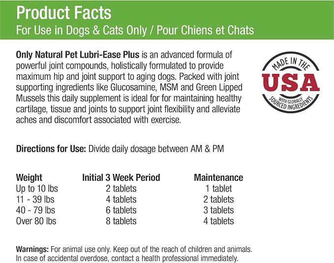 Only Natural Pet Lubri-Ease Plus Advanced Hip & Joint Supplement Glucosamine, Chondroitin & MSM Formula for Dogs and Cats - 90 Chewable Tablets