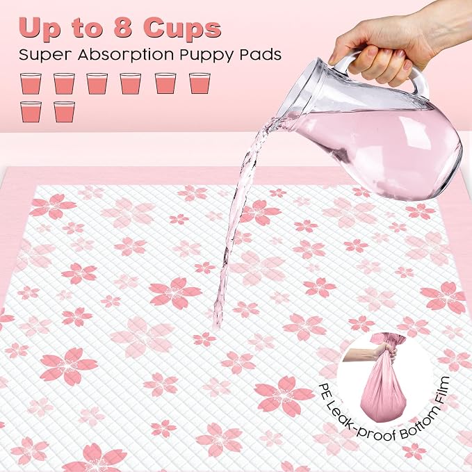 MIZOK Puppy Pads 28x34in Pee Pads for Dogs, Dog Pads Extra Large Absorbent with Adhesive Tabs 6-Layer Leak-Proof Quick-Dry Design Odor Control, Cherry Blossom Prints ＆ Charcoal (80 Counts)
