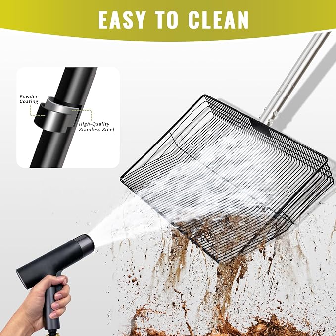 Metal Chicken Poop Scooper, 5-in-1 Detachable Chicken Coop Scoop Rake, Long Stainless Steel Handle, Chicken Litter Scoop Sifting Shovel Chicken Coop Scooper for Sand (15inch Large)