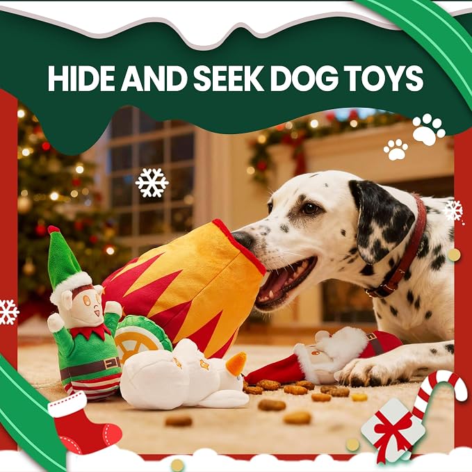 Nocciola Christmas Squeaky Dog Toys 4PCS, Interactive Hide and Seek Dog Toys Christmas Theme- Santa/Snowman/Elf in Cannon Toys Plush, Crinkle Dog Chew Toys for Large Medium Small Dogs
