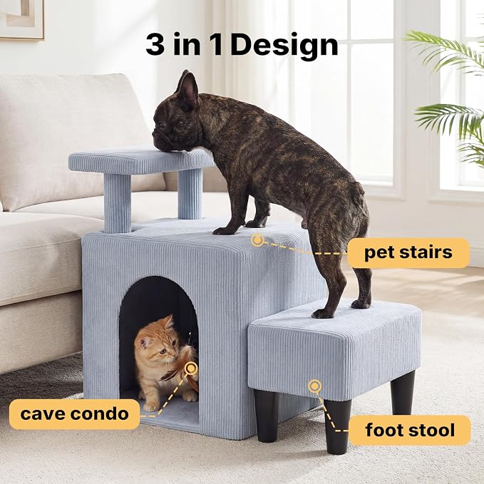 Veehoo 3 in 1 Dog Cat Stairs for Bed Couch, Small Steps Non Slip for Older Dogs Cats to Get on Bed Portable with Cave Condo and Cushioned Foot Stool, Pet Steps Cat Ramps Indoor for Senior Cats Dogs