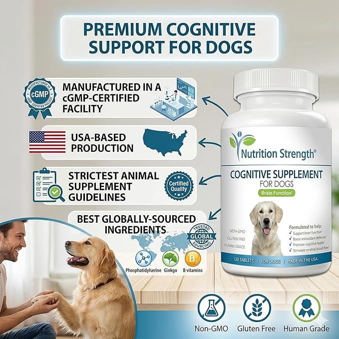 Cognitive Support for Dogs, Promotes Dog Brain Health, Mental Support Supplement for Cognitive Difficulties, 120 Chewable Tablets