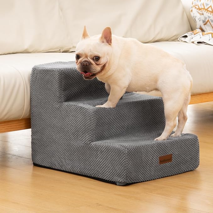 Aodisman Dog Stairs for Small Dogs & Cats,3-Step Extra Wide Non-Slip Pet Steps for Couch Sofa and Chair,Grey,15.7" H