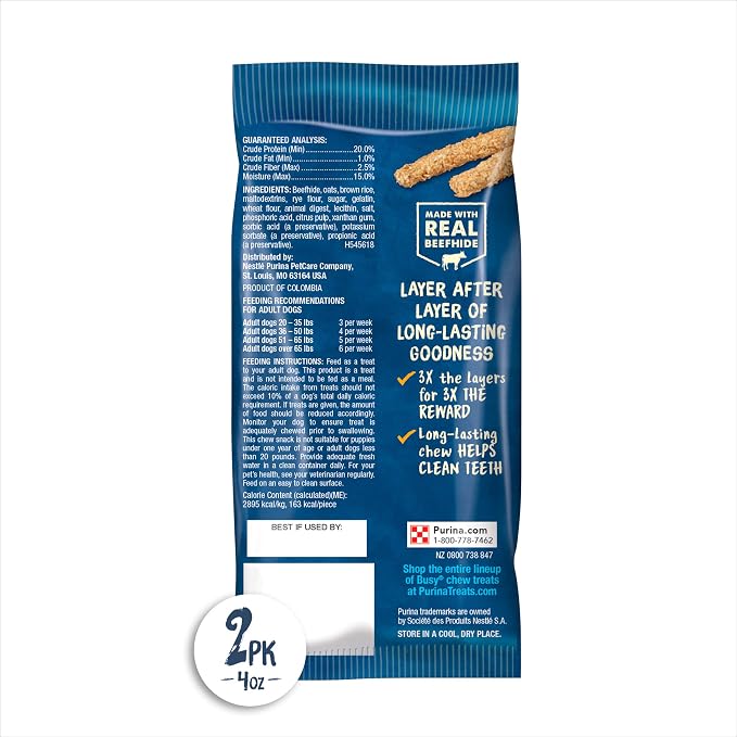 Purina Busy Rawhide Small/Medium Breed Dog Bones, Chewnola With Oats & Brown Rice - 2 ct. Pouch