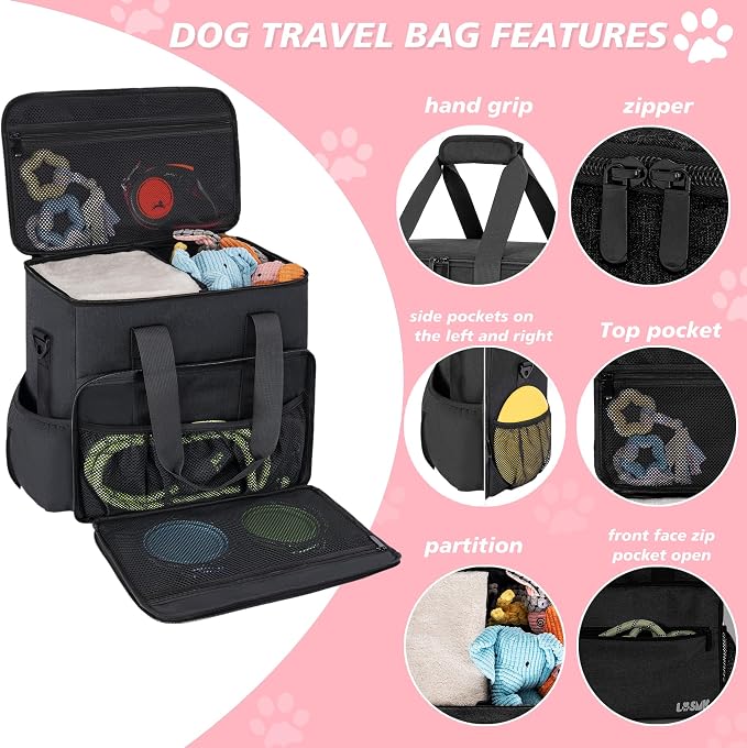 Dog Travel Bag Large Set with Food Containers, Bowls & Feeding Mat, Black