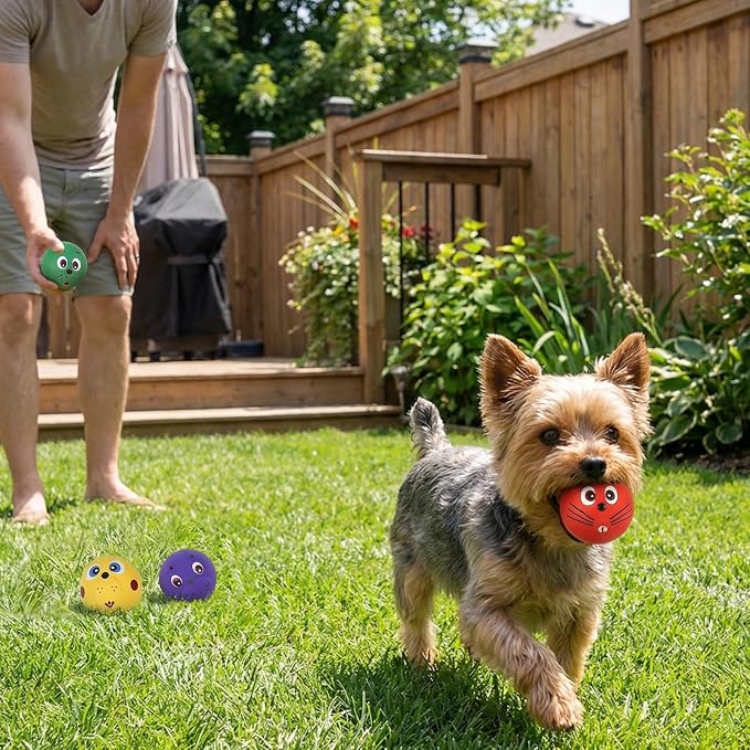Dog Ball Toy, Smiley Face Squeaky Dog Toys Soft Dog Balls Latex Rubber Squeak Dog Toys for Small Medium Puppy Pet Dog (4 Pack)