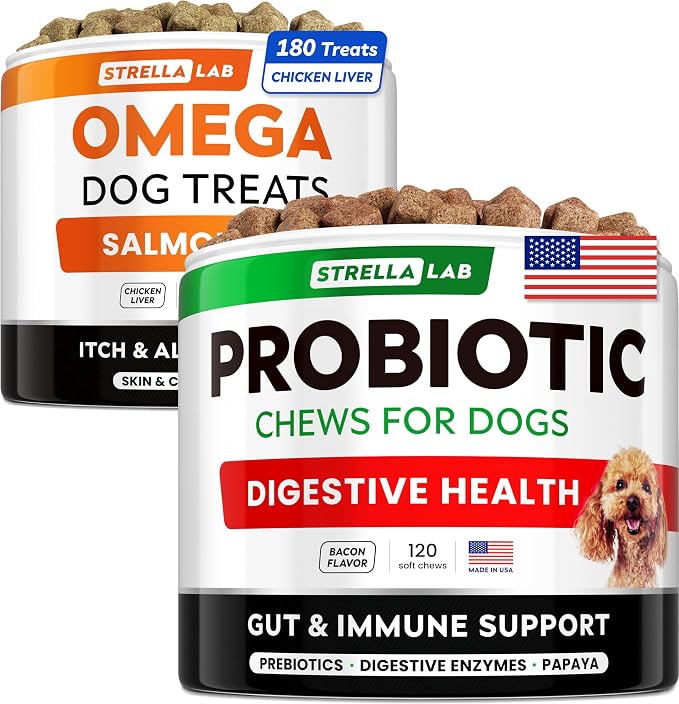 Omega 3 + Probiotics Dogs Bundle - Allergy & Itch + Improve Digestion & Immunity - Omega 3 & Pumpkin + Digestive Enzymes - Prebiotics - Itchy Skin + Itching & Licking Treats - 300 Chews - Made in USA
