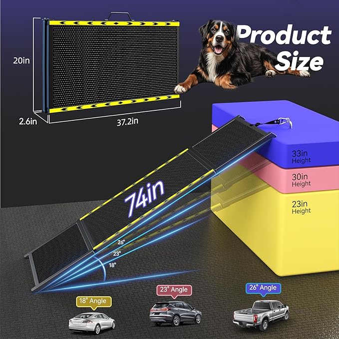 Pawaboo 74" L & 20" W Longest Dog Ramp for Car Foldable | Extra Wide Portable Pet Dog Ramps for Large Dogs, Dog Car Ramp for SUV/Truck/RV, Lightweight Ramps with Non-Slip Mesh, Black