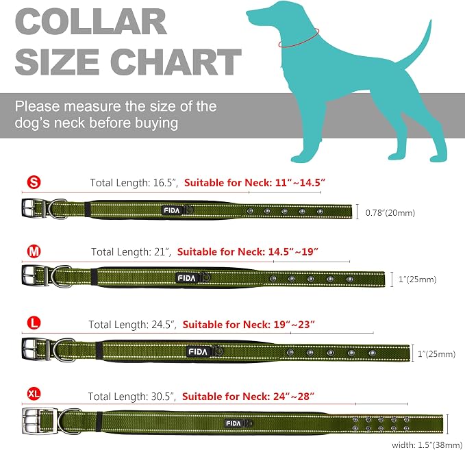 Fida Heavy Duty Dog Collar for Large Dogs with Metal Belt Buckle, Green | 1.5" Width, Soft Neoprene Padded, Thicker Nylon Webbing, Adjustable Fit, Reflective Stitching for Night Safety