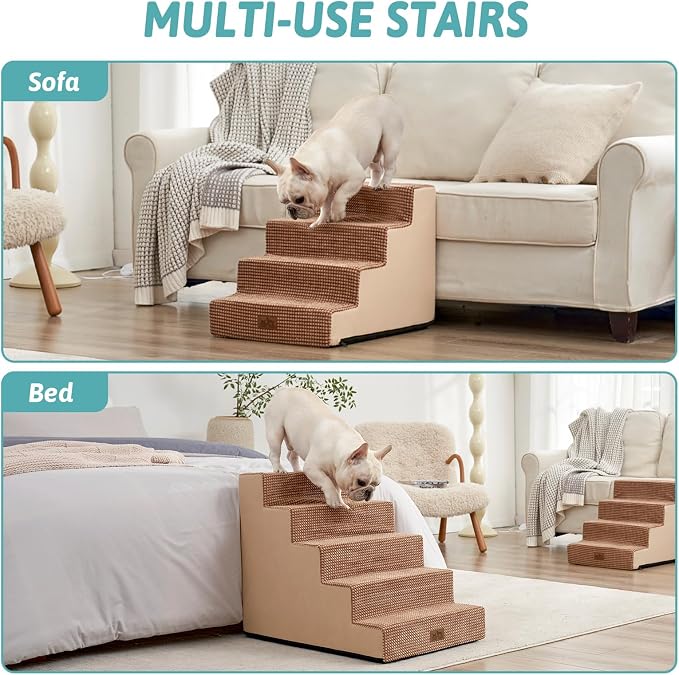 COZY KISS Dog Stairs for Small Dogs, 5 Step Pet Stairs for Beds & Couches | 23.6" H Wider Non-Slip Dog Steps for Bed, Ideal for Puppies, Senior Cats, and Small to Medium Dogs, Light Brown