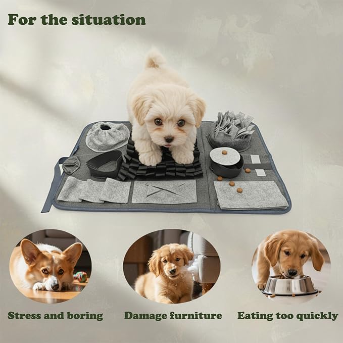 S Snuffle Mat Gray Dog Puzzle Enrichment Slow Feeder | Mental stimulation, slow feeder, nosework game, washable non-slip, enrichment puzzle toy for dogs cats
