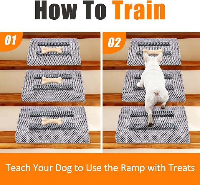 Dog Ramp for Stairs with Anti-Slip Bump for Small & Senior Dogs and Cats – Stair Wedges for Dogs with Gentle Slope, Pet Ramp with Washable Cover & Self-Sticky Pads for Safe Climbing (Gray, 2 Pack)
