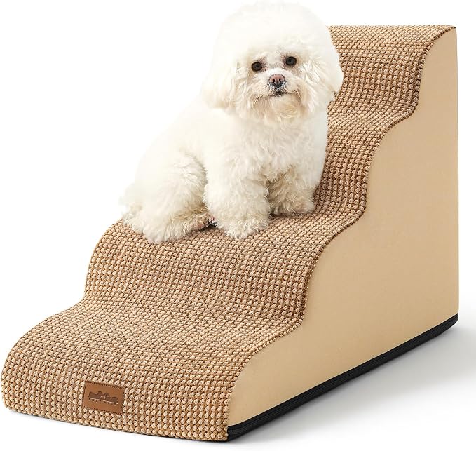 COZY KISS Dog Stairs for Small Dogs, Curved Dog Step for Puppy, Older or Cat, Medium Pet Ramp for Sofa, Couch or Bed, Ladder with High Density Foam, 15.7x28.3x19.7 inch, 4 Step, Light Brown
