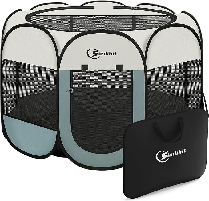 Siedihit Playpen for Extra Large Dog Cat, Dogs Tent Crate Cage Indoor/Outdoor, Portable Pop Up Dog Kennel with Carrying Bag for Rabbits, Removable Top (Grey, Extra Large)