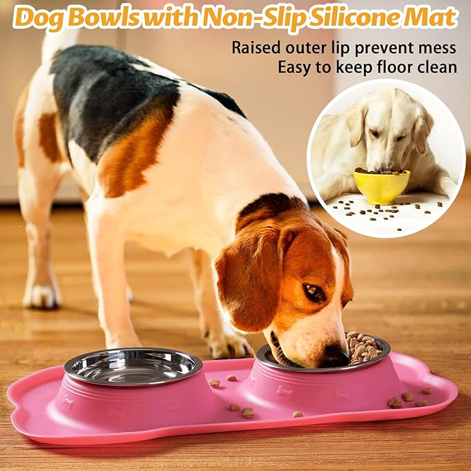 Hubulk Pet Dog Bowls 2 Stainless Steel Dog Bowl with No Spill Non-Skid Silicone Mat + Pet Food Scoop Water and Food Feeder Bowls for Feeding Small Medium Large Dogs Cats Puppies (S, Pink)