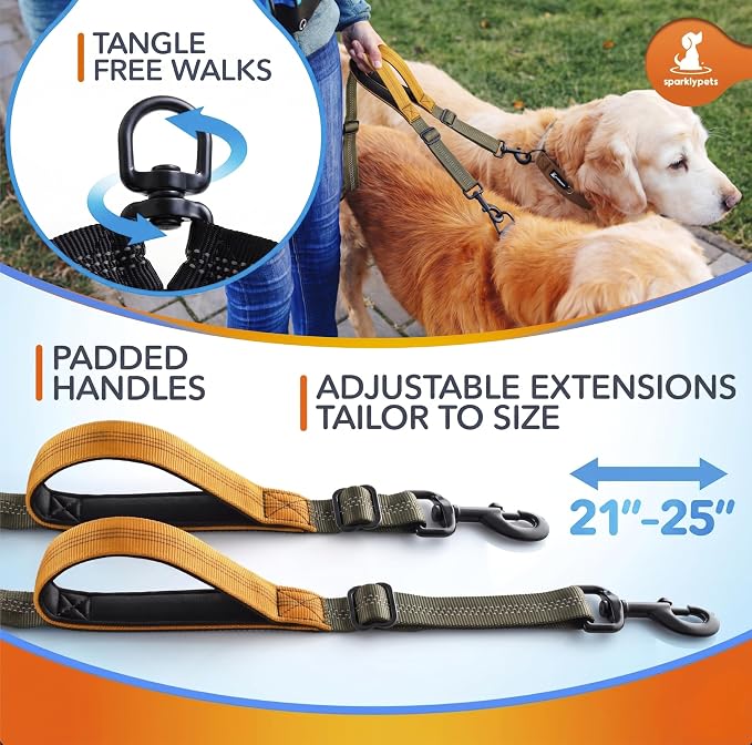 SparklyPets Double Bungee Waist 2 Dog Leash with Back Brace – Dual Dog Leash for Medium/Large Breeds – Running Belt Fanny Pack with Phone, Waste, Treat, and Bottle Pockets