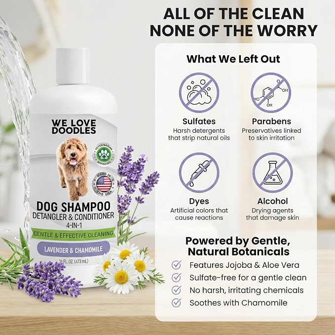 Dog Shampoo & Dog Detangler Spray, Dog Bath Supplies Tearless Lavender 16oz | Best Shampoo, Detangling & Dematting Spray for Dogs, For Sensitive Itchy Skin, Tangle Remover, Goldendoodle, Poodle & Doodle