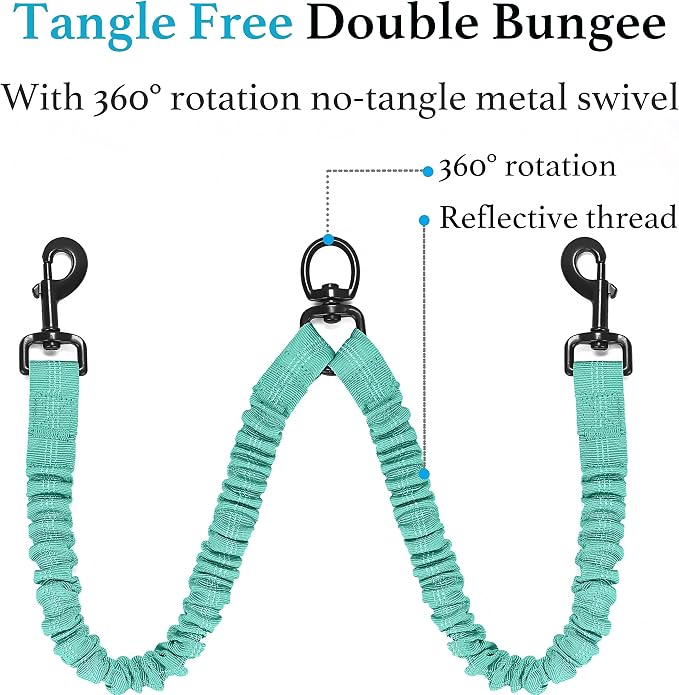 iYoShop Double Dog Leash, 360° Swivel, No Tangle, Large, 25-150 lbs, Teal | Dual Leash for Two Dogs, Split Leash, Shock-Absorbing Bungee, Padded Handle, Heavy-Duty Rope