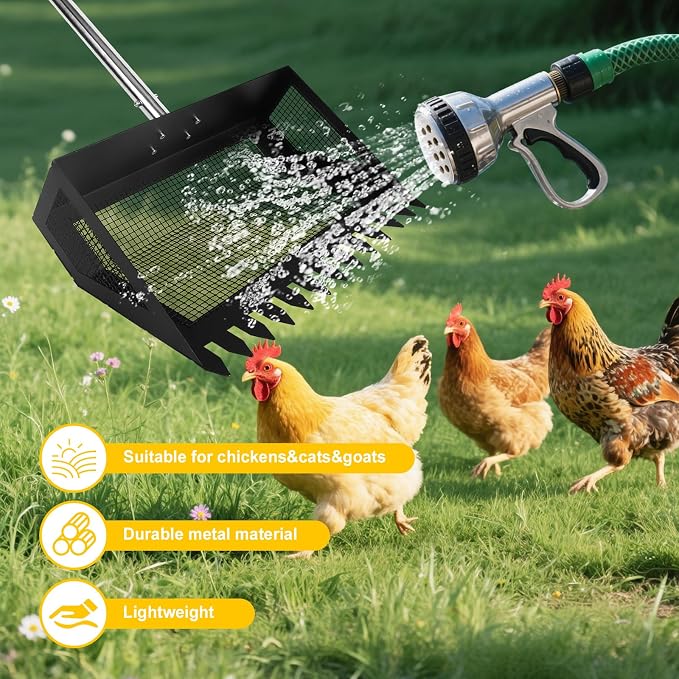 15inch Extra Large Chicken Poop Scooper,Adjustable Chicken Coop Scooper for Poop，Stainless Steel Chicken Poop Scooper Rake with 24 to 68" Handle,Litter Scooper Sifting Shovel Chicken Coop
