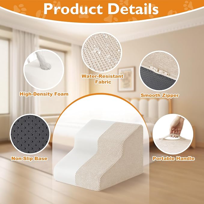 Dog Stairs for Small Dogs 11.5’’ H, 2-Step Dog Steps for Bed, Pet Stairs and Ramp for Dogs and Cats to Get on Beds, Couch, Non-Slip Balanced Pet Steps with Waterproof Cover, Beige