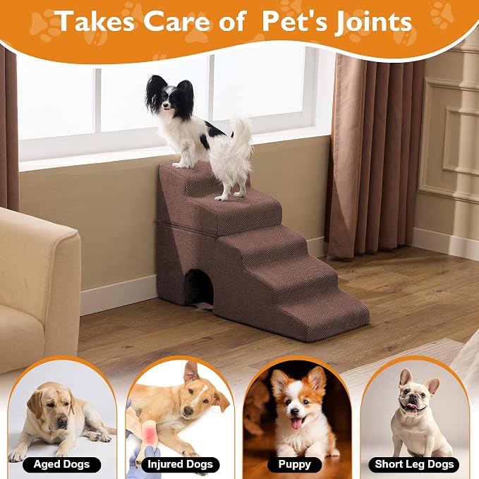 Dog Stairs for Bed 23’’ H, 5-Step Dog Steps for High Bed, Foldable Pet Stairs for Small Dogs and Cats to Get on Beds, Couch, Non-Slip Balanced Pet Steps and Ramp with Waterproof Cover, Brown