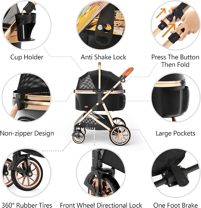 Kenyone Luxury 3-in-1 Pet Stroller - Black (C910L), Detachable Carrier