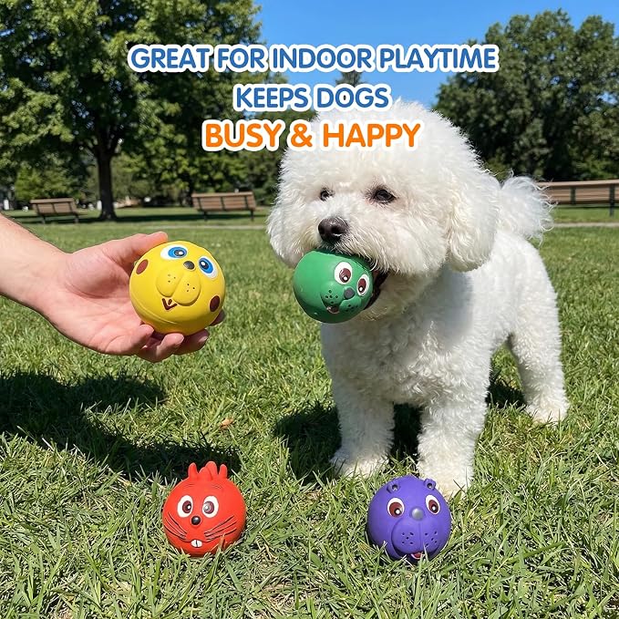 Dog Ball Toy, Smiley Face Squeaky Dog Toys Soft Dog Balls Latex Rubber Squeak Dog Toys for Small Medium Puppy Pet Dog (4 Pack)