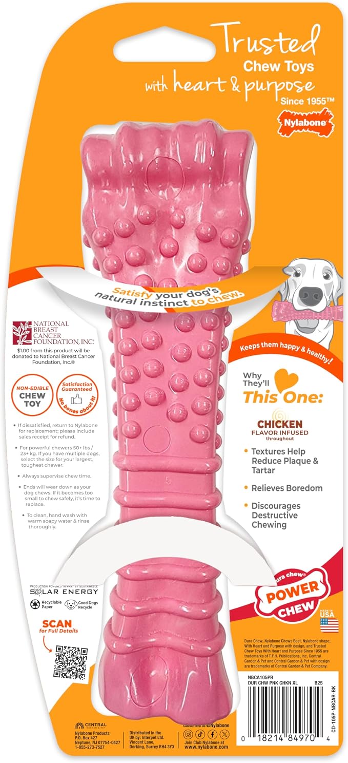 Nylabone Power Chew Breast Cancer Awareness Femur Bone Chew Toy for Dogs, Indestructible Dog Toys for Aggressive Chewers, Chicken Flavor, X-Large/Souper (1 Count) | X-large, chicken flavor, teeth-cleaning textures, durable dog toys for aggressive chewe...