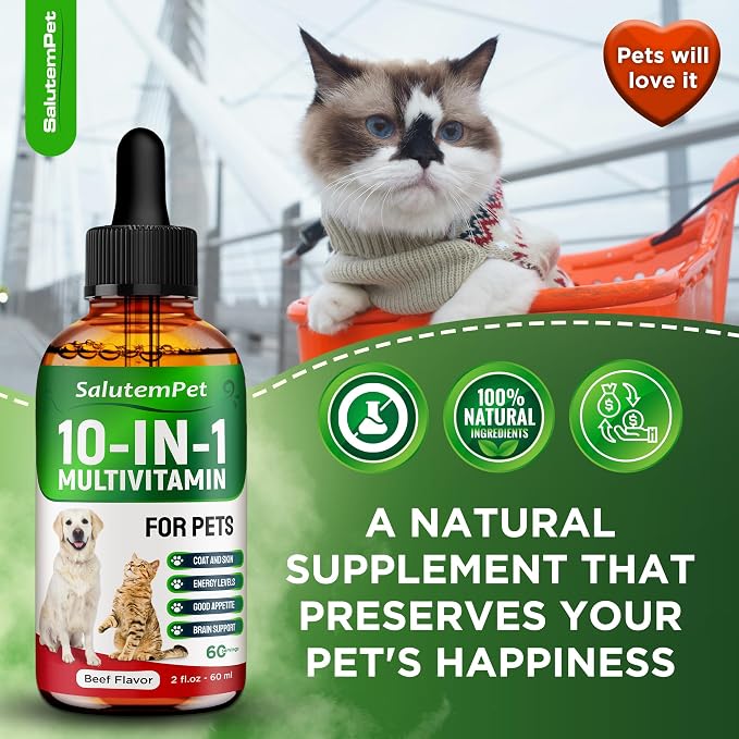 Сat Vitamins for Indoor Cats – Liquid 10-in-1 Multivitamin for Dogs – C, D3, B Group, for Skin, Coat, & Breathing – Natural Protection for Pets of All Ages – For Digestion & Bones – Beef Flavor – 2 Oz