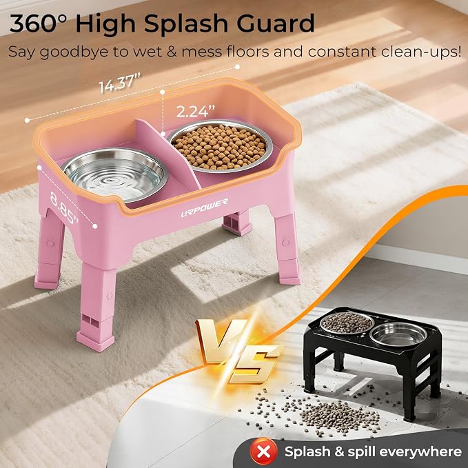 URPOWER Mess Proof Elevated Dog Bowls 4 Height Adjustable Raised Bowl Stand with 2 Stainless Steel Dog Bowls Non-Slip Food and Water Bowl Set for Small and Medium Dogs, Pink