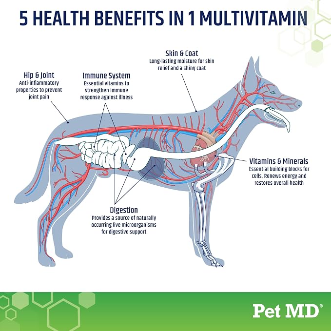 Pet MD 5-in-1 Dog Multivitamin - 30 Key Nutrients for Wellness - 120ct | For Hip & Joint Health, Immune Function, Healthy Skin & Shiny Coat, and Digestive Support - Senior Dog & Puppy Vitamins