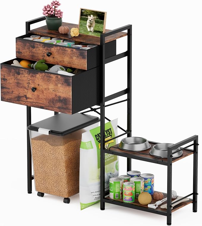 Elevated Dog Bowls,8 Heights Adjustable Dog Storage Organizer Shelves with Toy Double Drawer, Pet Food Station Cabinet for Medium Large Dogs,Elevated Dogs Bowls with Storages, Rustic Wood Brown