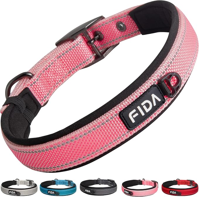 Fida Heavy Duty Dog Collar for Medium Dogs with Metal Belt Buckle, Pink | Soft Neoprene Padded for Extra Comfort, Thicker Nylon Webbing, Adjustable Fit, Reflective Stitching for Night Safety