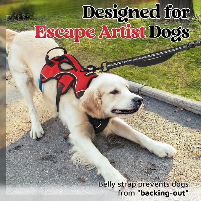 rabbitgoo Escape Proof Dog Harness for Large, No Pull with Lift Handle | No Escape, Full Soft Padded, Reflective Adjustable Vest, Leash Clip for Walking Hiking Training, Red, Large