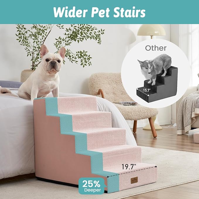 COZY KISS Dog Stairs for Small Dogs, 5 Step Pet Stairs for Beds & Couches | 23.6" H Wider Non-Slip Dog Steps for Bed, Ideal for Puppies, Senior Cats, and Small to Medium Dogs, 19.7x29.5x23.6 in, Pink