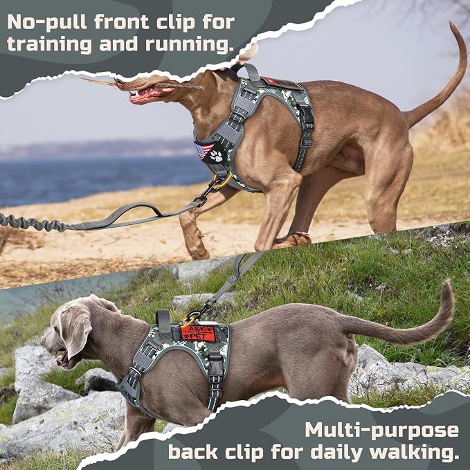 rabbitgoo Tactical Dog Harness for X-Large, No Pull Military Service Vest | Molle & Handle, Heavy Duty, Adjustable, Reflective Straps, Easy Control for Training Walking, Grey Camo, X-Large