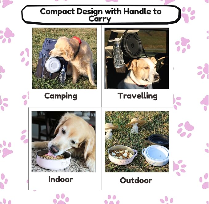 3-in-1 Travel Dog Bowl Set – 30 OZ Stainless Steel + 20 OZ Collapsible Water Bowl Lid | BPA-Free, Anti-Slip, Portable Dog Bowl w/Handle/Poop Bag Holder with Carabiner | Pink Bowls