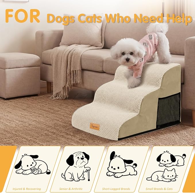 Topmart 3 Tiers Foam Dog Ramps/Steps,Non-Slip Pet Steps,Extra Wide Deep Dog Stairs,High Density Foam Pet Stairs/Ladder,Best for Older Dogs,Cats,Small Pets