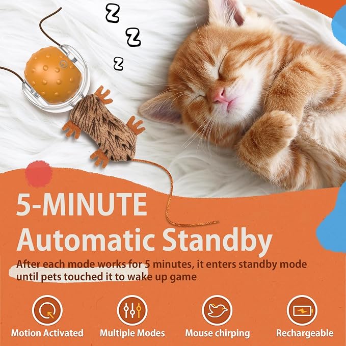 Oxawo Cat Toys Interactive Self Rolling Cat Balls Mouse | Squeaky Motion Activated Cat Toys Fast on Carpet, Rechargeable, 3 Modes for Indoor Cats