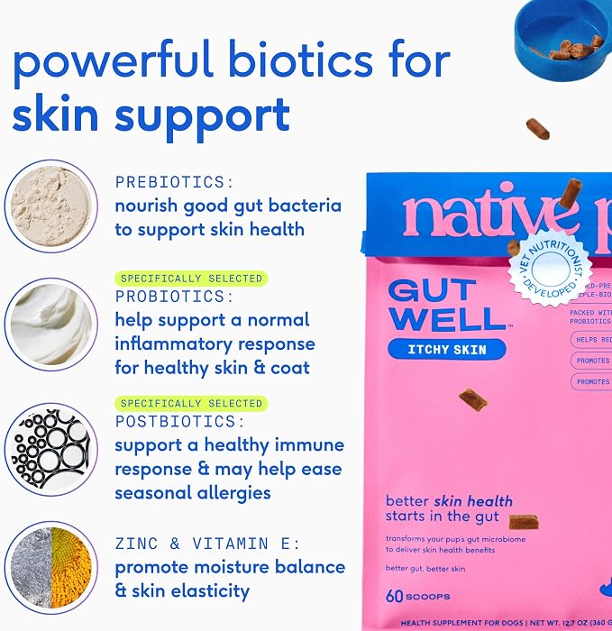 Native Pet Itchy Skin - Dog Itching Skin Relief - Vet-Formulated Gut-Skin Support, Seasonal Allergies, Healthy Skin Barrier - 120 Scoops