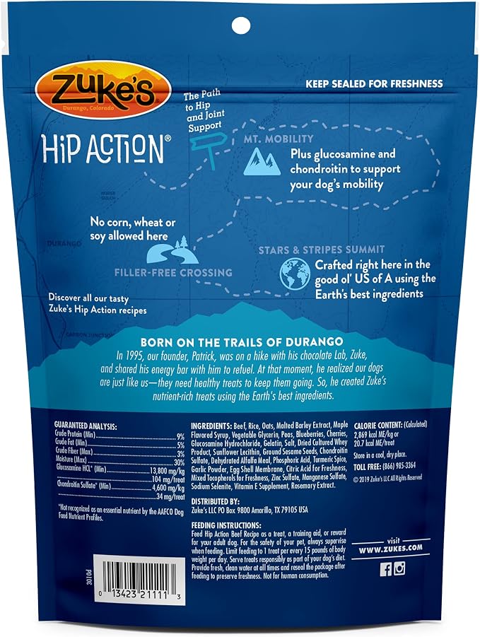 Zuke’s Hip Action, Hip And Joint Support Treats, Soft And Chewy Natural Beef Dog Treats, Beef Recipe - 6.0 OZ Bag