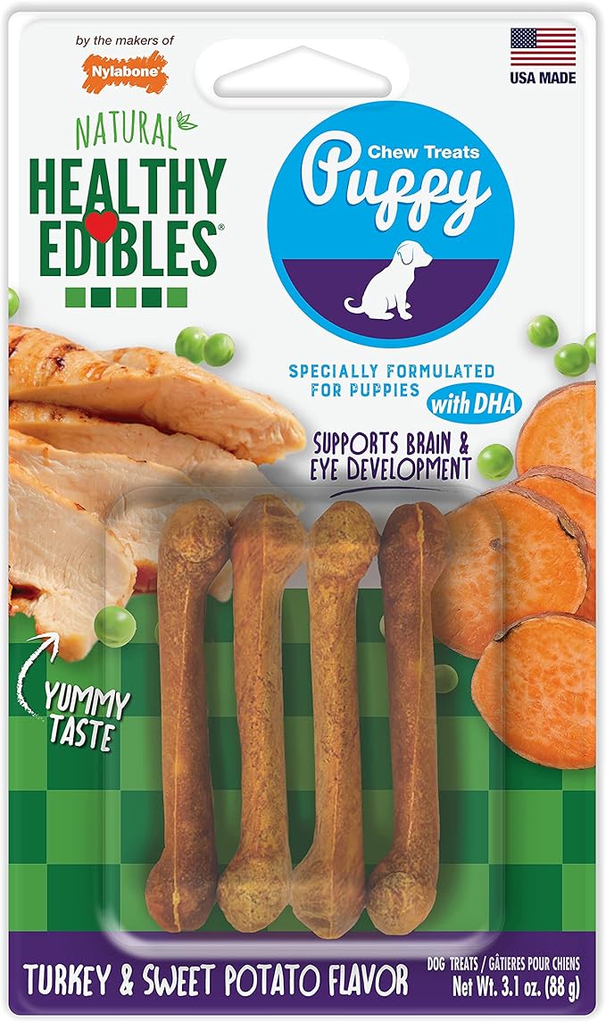 Nylabone Healthy Edibles Natural Puppy Chews Long Lasting Treats for Puppies, Turkey & Sweet Potato Flavor, X-Small/Petite (4 Count)