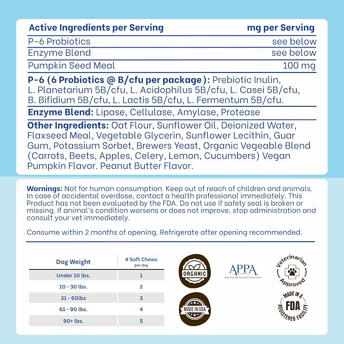 Probiotics for Dogs – Gut Health by Happy Dog | Organic, Vegan Probiotic Soft Chews with Prebiotics for Digestion, Immunity & Itchy Skin Relief | 120 Soft Chews Peanut Butter Flavor