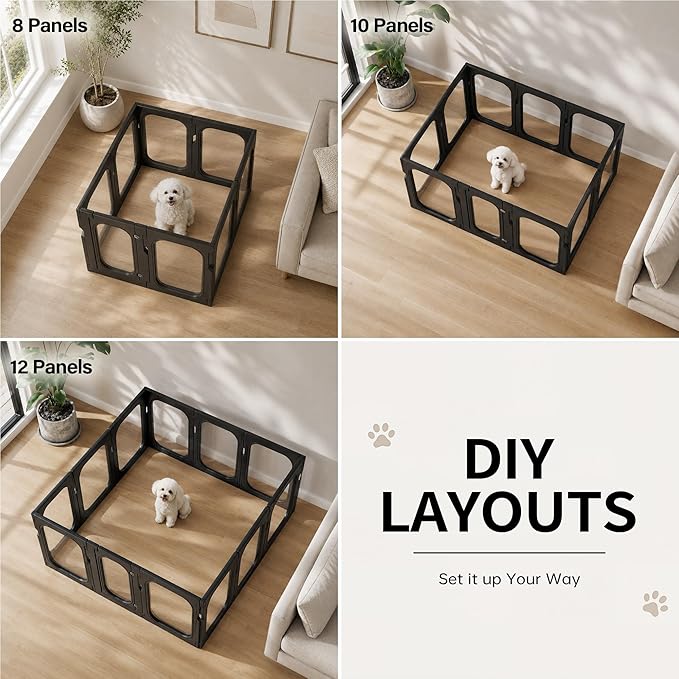 Acrylic Clear Dog Playpen Indoor with Door, 26'' H Transparent Dog Play Pen for Small Dogs, No-Connector Modular Puppy Playpen with Integrated Suction Cups Base, 10 Panels, Black