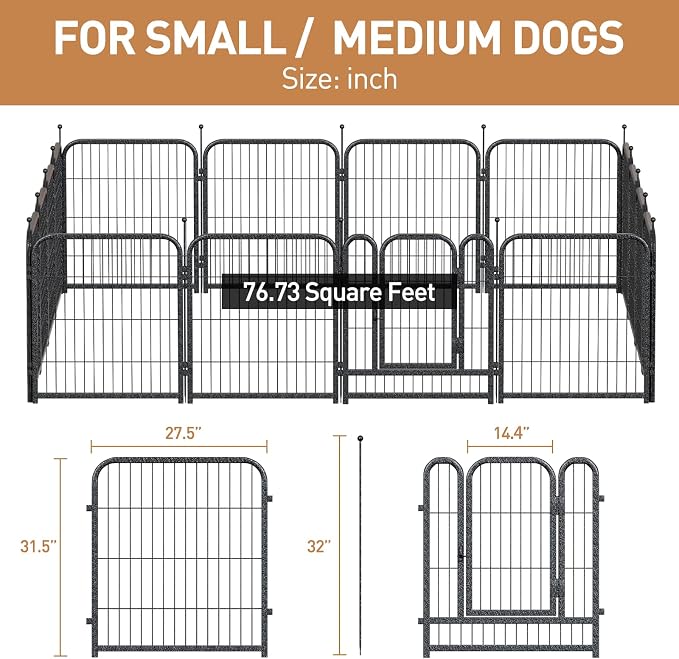 Metal Dog Playpen, 32in 24 Panels, Black-Silver